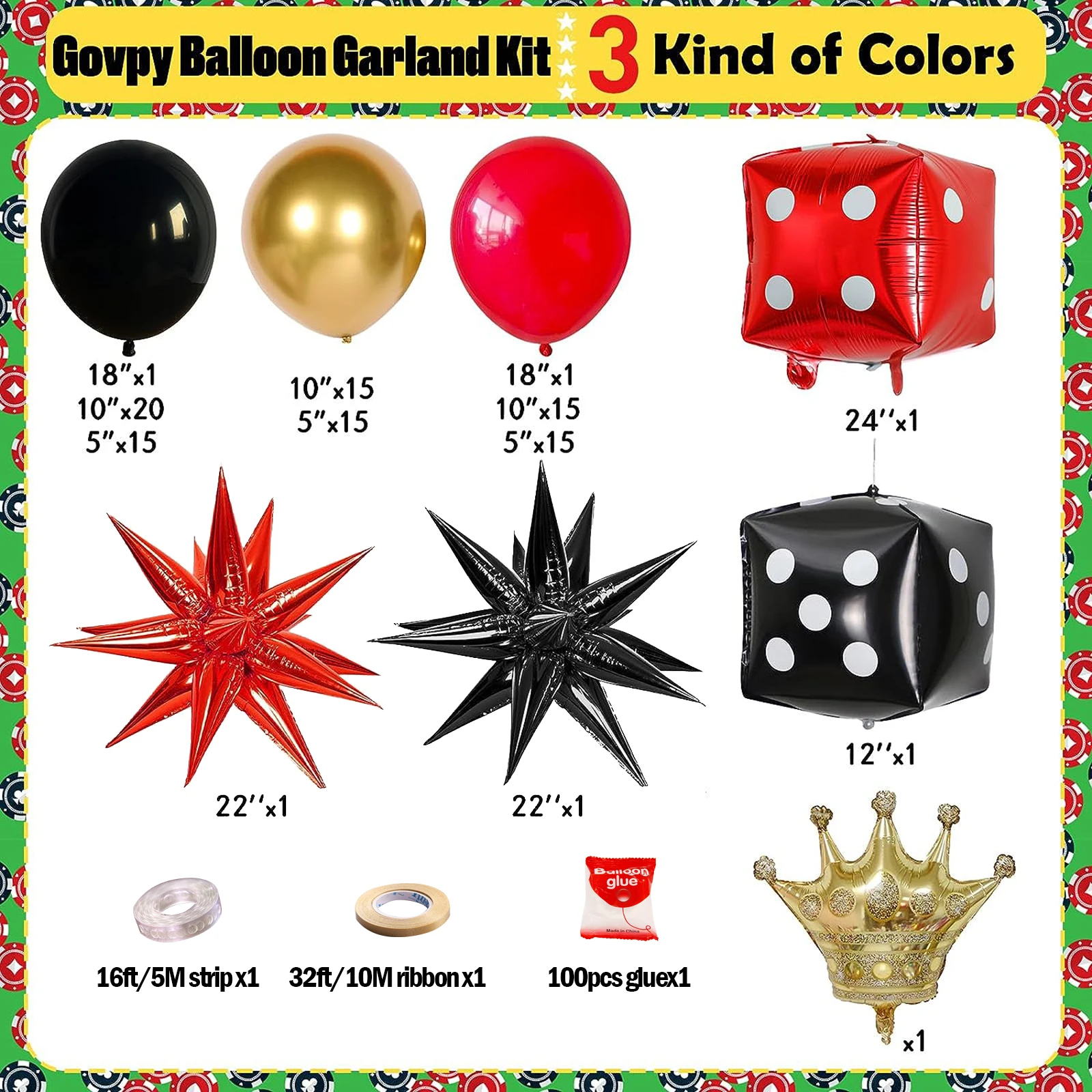 Set di palloncini con dadi a tema festa da casinò, palloncino Crown Starburst, adatto per decorazioni da casinò e feste di compleanno