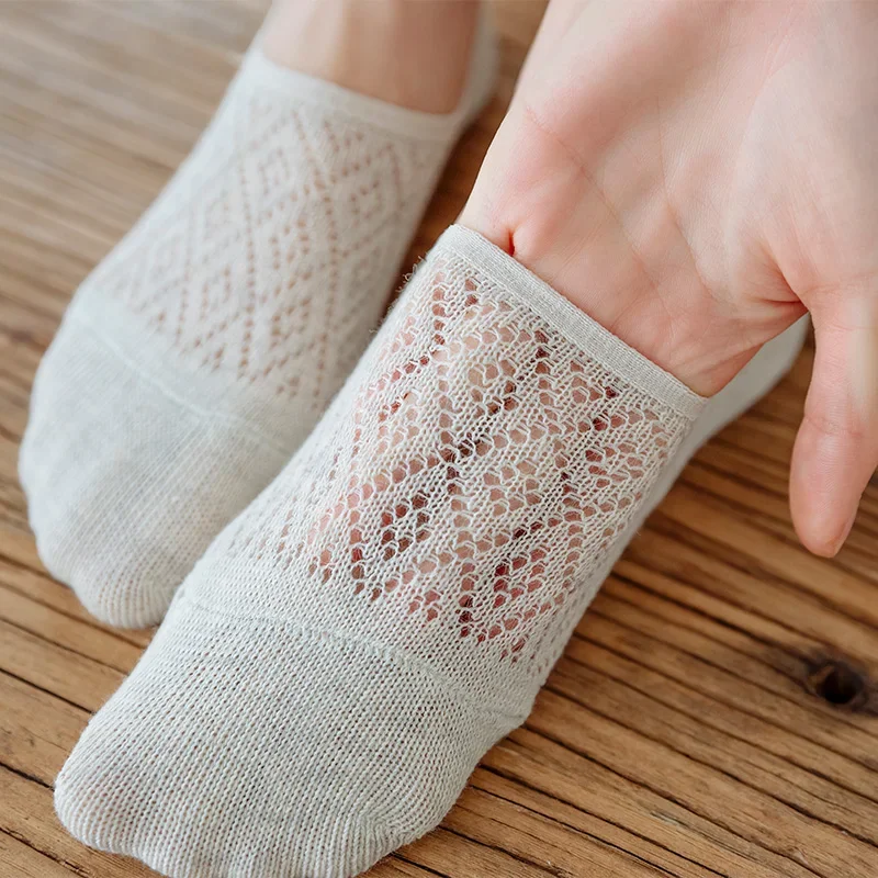 5 Pairs/Set Women Silicone Non-slip Invisible Socks Summer Solid Color Mesh Ankle Boat Socks Female Cotton Slipper No Show Socks