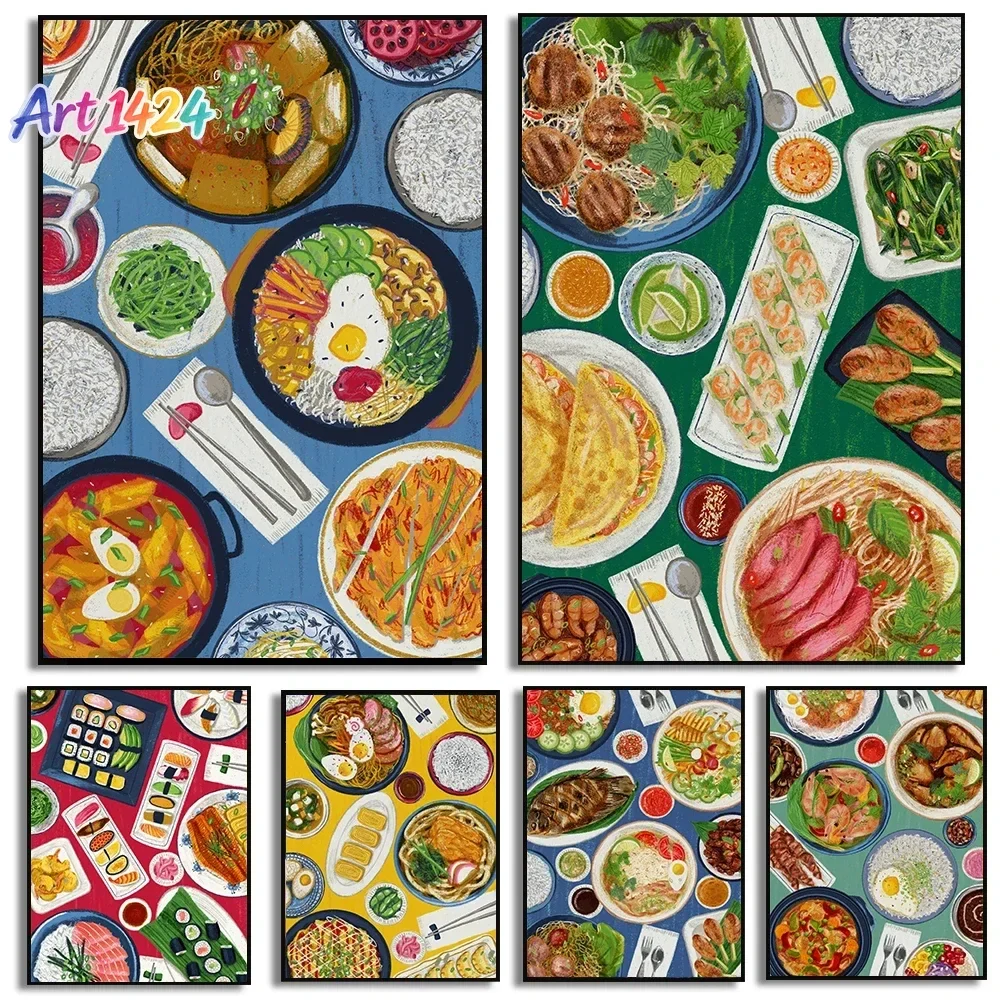 1pc frameless Asian Food Illustrated Poster Foodie Cuisine Kitchen Chef Prints Canvas Painting Wall Art Pictures Home Room Mo