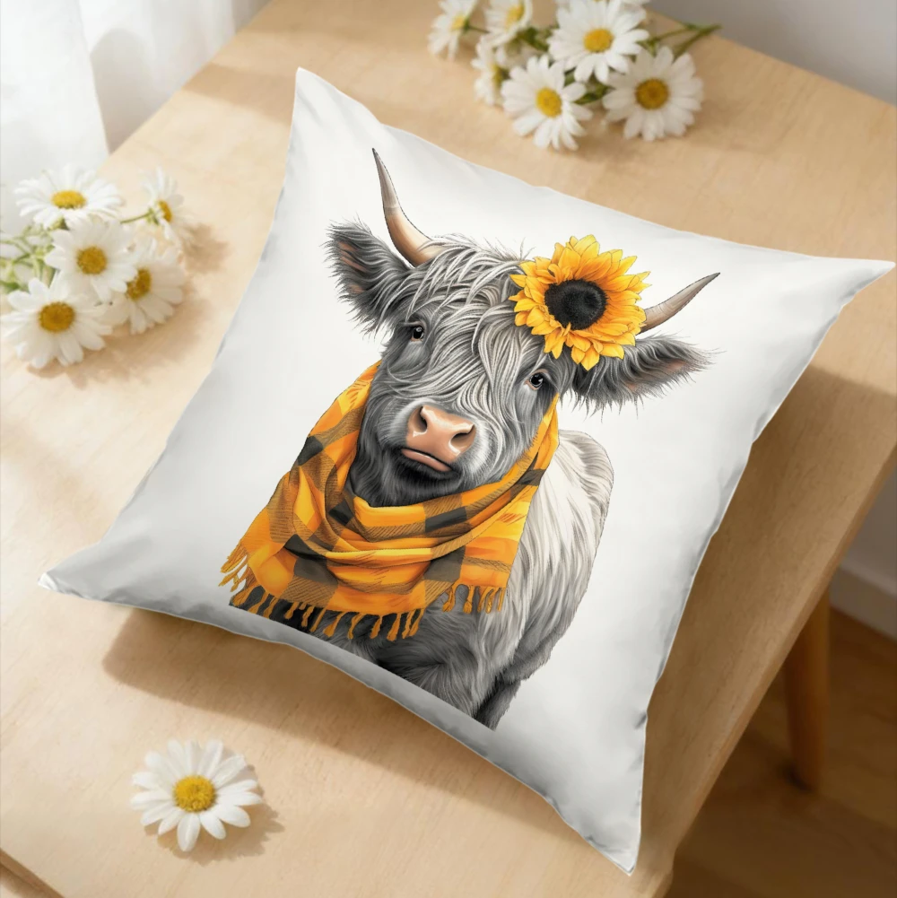1pc Cartoon Cow With Sunflower And Scarf Cushion Cover White Animal Print Pillowcase For Sofa Bedroom Home Decor Gift Soft x-2