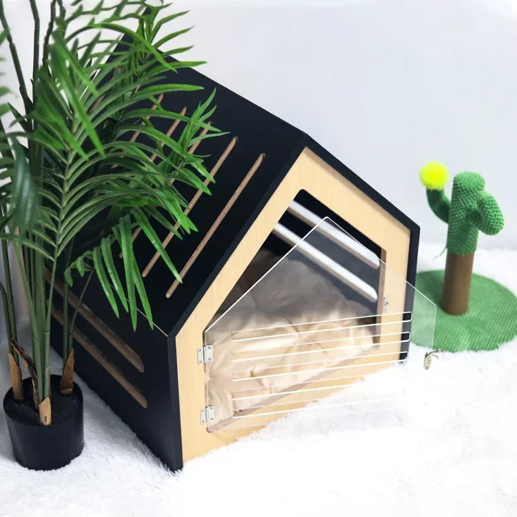 Wood Pet House Furniture Indoor Cat and Dog House Plywood PVC Acrylic Door Dog House Breathable Simple Design Style (No Bottom)