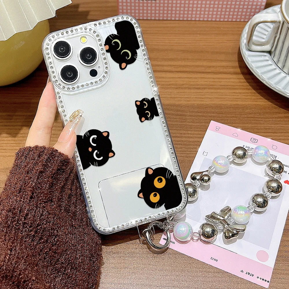 Diamond Lanyard Phone Case For iPhone 17 16 Pro Max 11 13 15 14 12 Air 17promax Transparent Shockproof Cat Painted Cover Funda