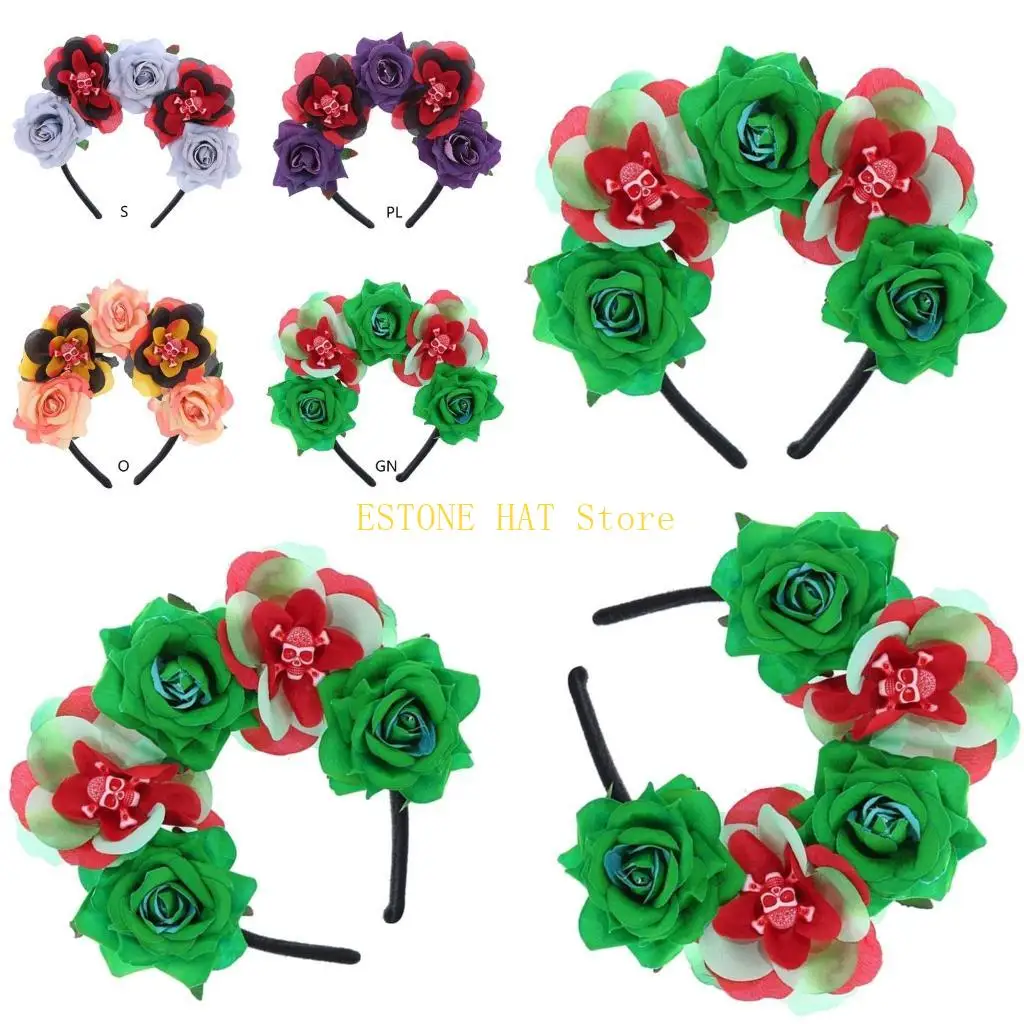 

49MF Готическая повязка на голову с цветочными коронами в стиле Дня мертвых Повязка на голову с черепом Повязка на голову с в