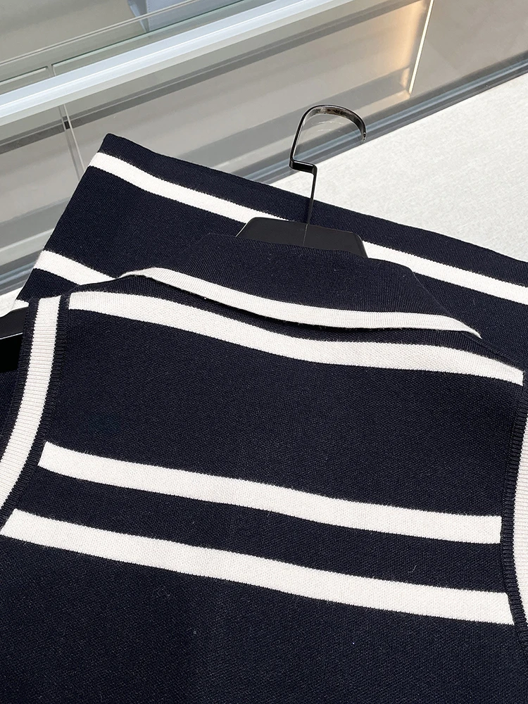 

High-End Summer Women's Knitted Dr Collar Svel Striped Color Blo A-Line Midi Dr Commute Sle High Waist