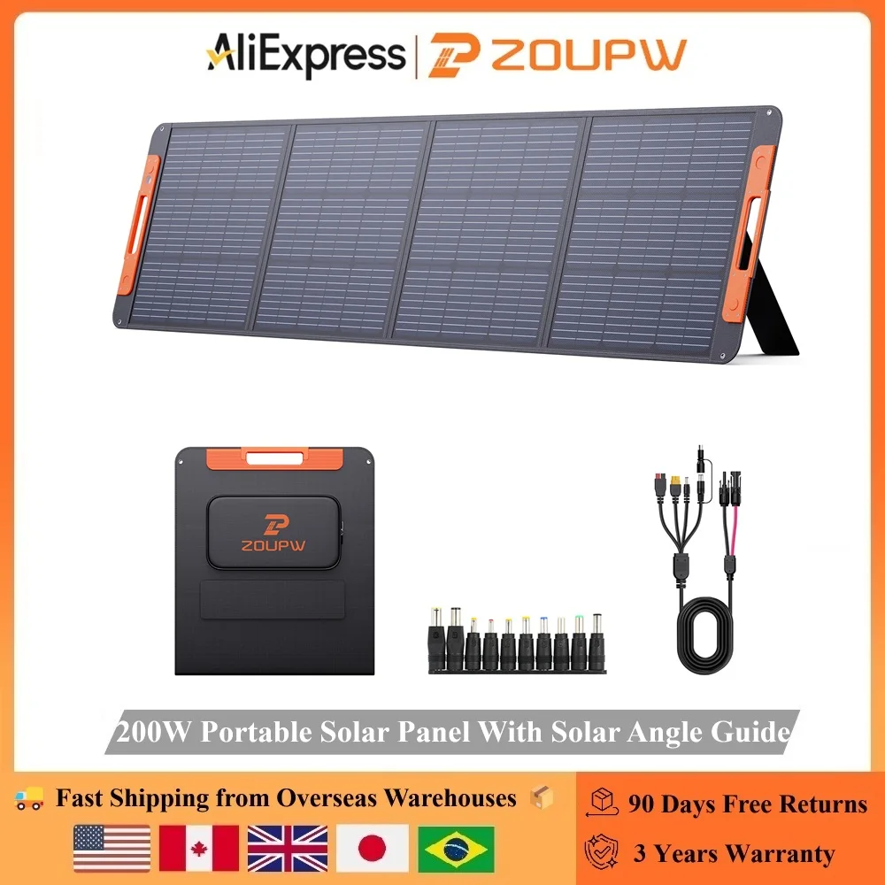 

ZOUPW 200W Portable Solar Panel With Solar Angle Guide 20V Foldable Solar Charger for Power Station 23.5% High Efficiency IP67