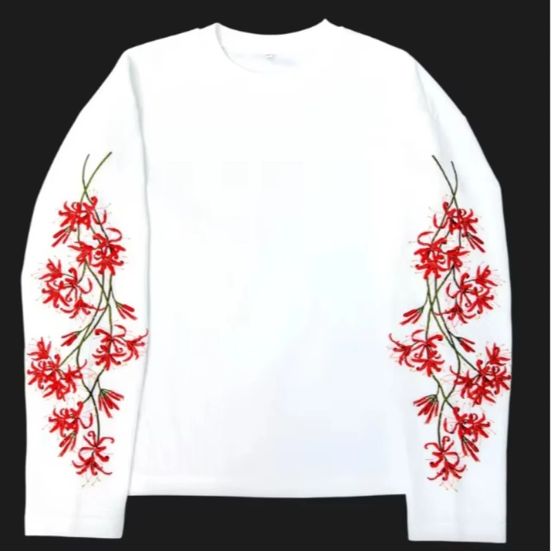 Y2K Fashion Harajuku Floral Embroidered Sleeve T-Shirt High Street Flower Pattern Retro Men Women Long Sleeve Top Streetwear Emo