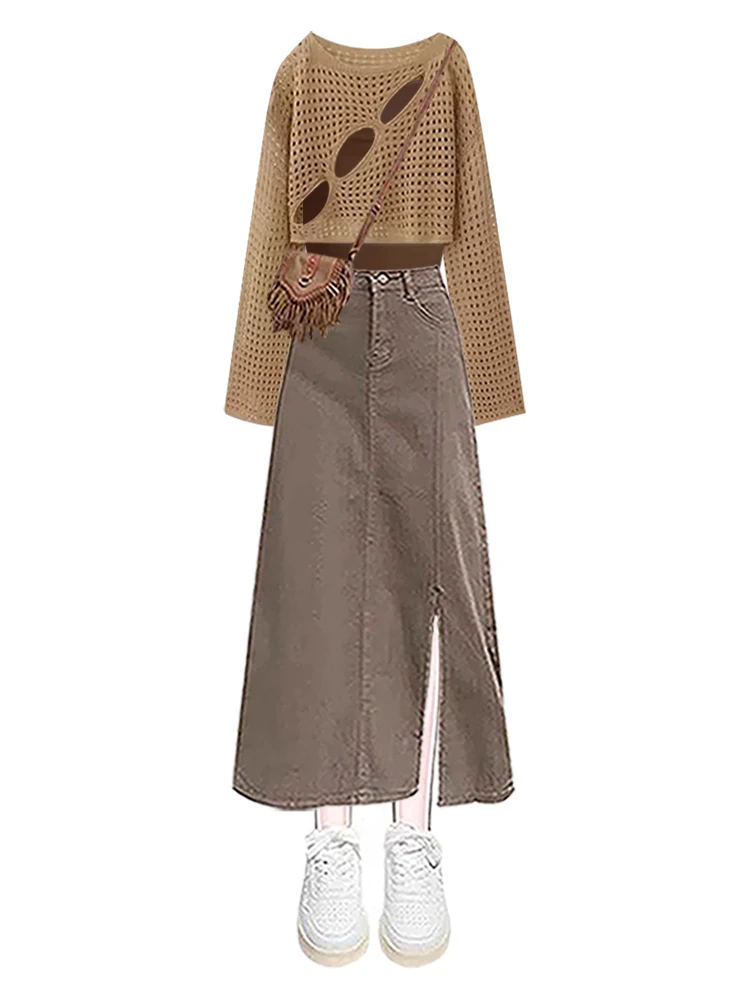 Outono design oco para fora longo sve feminino superior cintura alta emagrecimento divisão saia conjunto casual sle v-ne cardigan aberto
