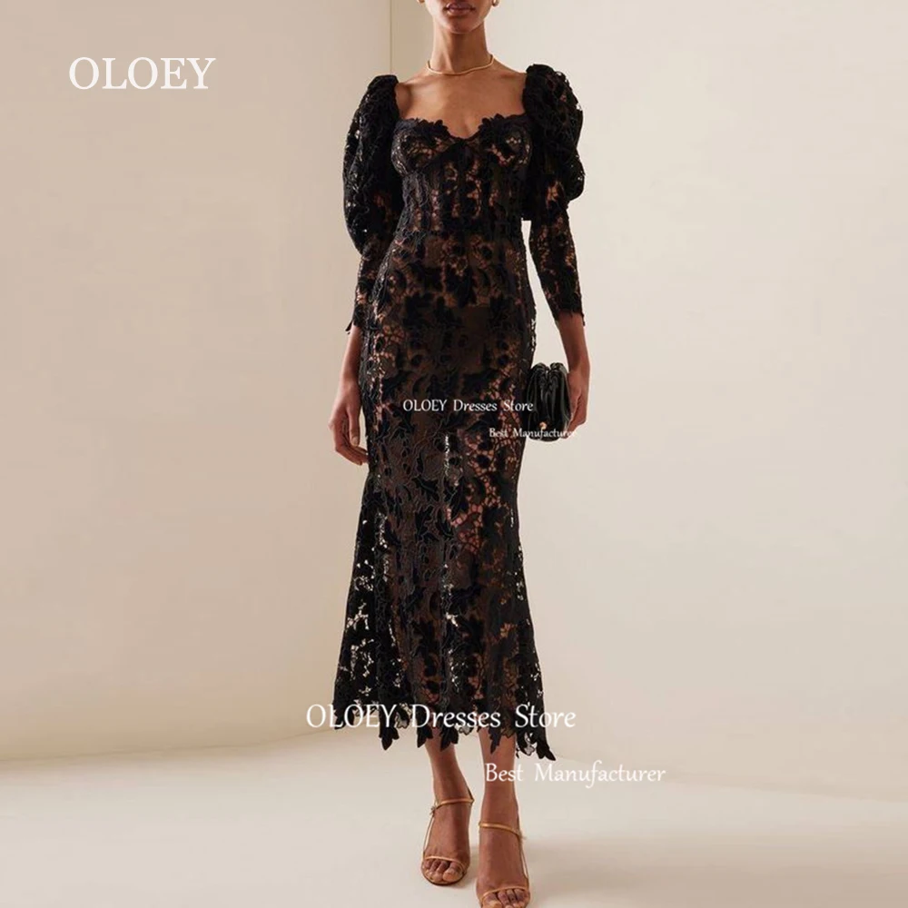 

OLOEY Black Lace Straight Evening Dress Sweetheart Puff Sleeves Wedding Party Gown Mid-Calf Length Zipper Back Custom Made