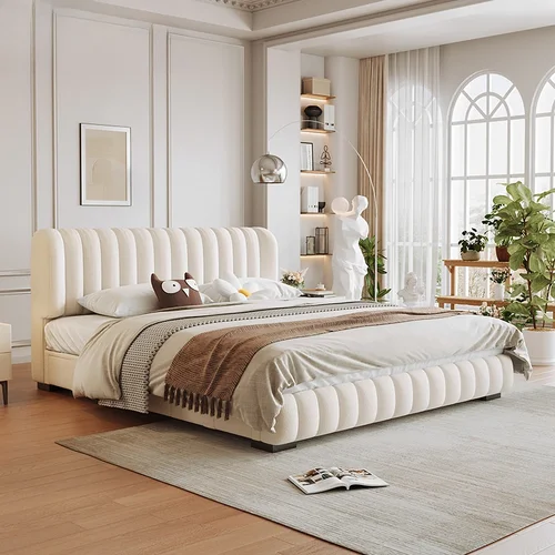 고급 더블 침대, 럭셔리 화이트 빌라 플랫폼 헤드 보드, 트윈 침대 프레임, 풀 사이즈 안전 레토, 결혼 가구 