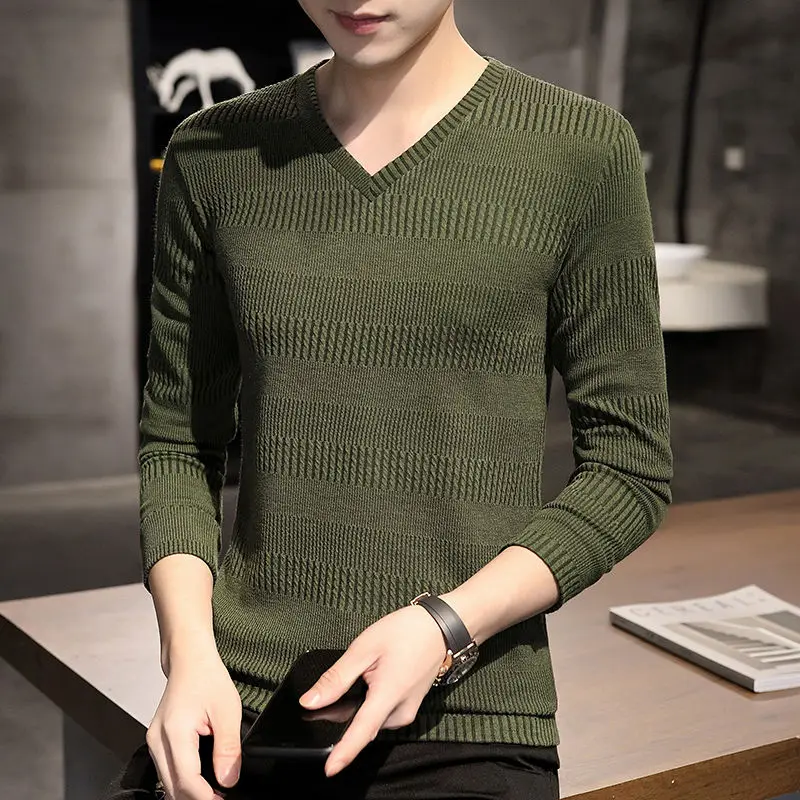 Autumn Winter New Fashion V-neck Long Sleeve Embossed Pattern Pullovers Men\'s Clothing Solid Knitting Casual All-match Chic Tops