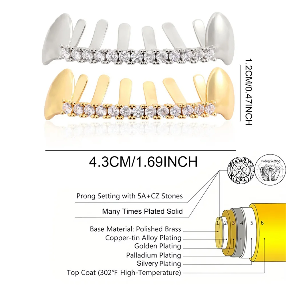 Anztilam One Row Iced Out Grillz Full Zircon Teeth Shine Grills Men Women Hip Hop Tooth Grills Caps Brass Fashion Jewelry