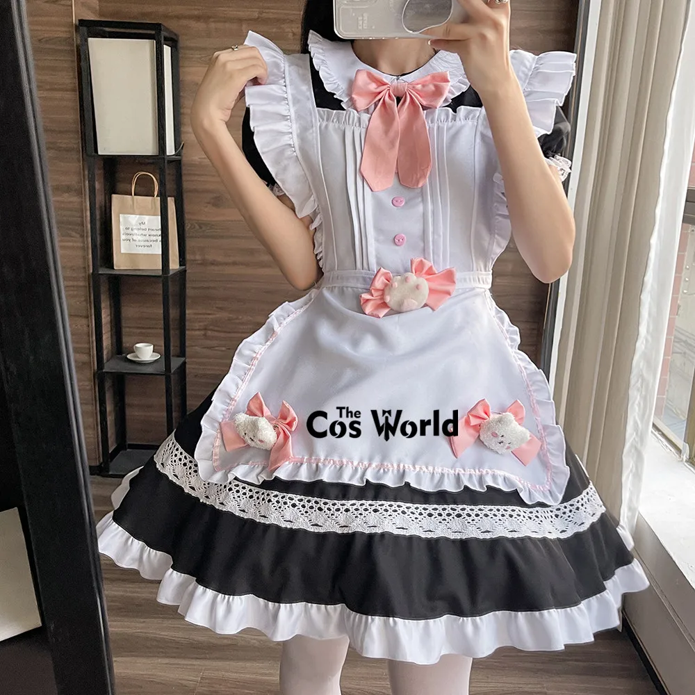 S-5XL Japanese Sweet Lolita Cat Doll Housekeeper Maidservant Restaurant Apron Maid Dress Uniform Outfits Anime Cosplay Costumes