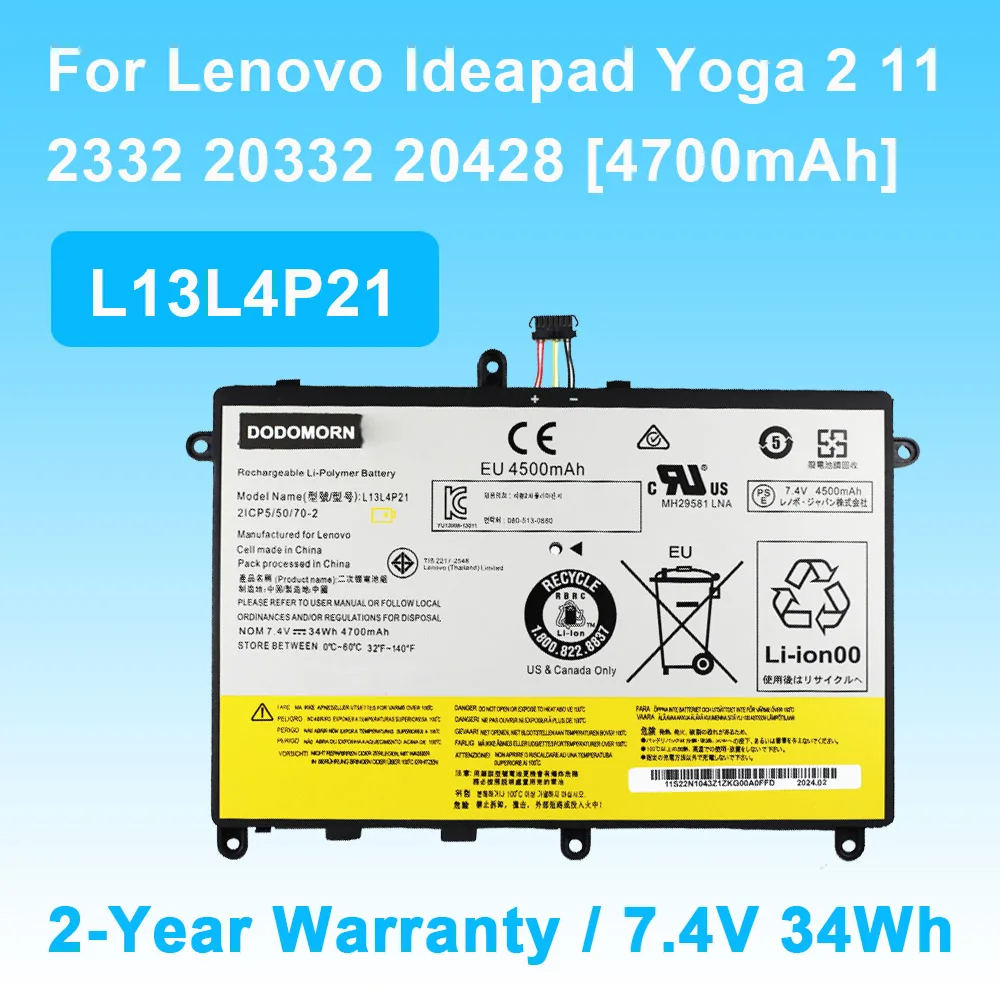 7.4V 34Wh L13L4P21 Laptop Battery For Lenovo Ideapad Yoga 2 11 20332 2332 20428 Series L13M4P21 2ICP5/50/70-2 High Quality