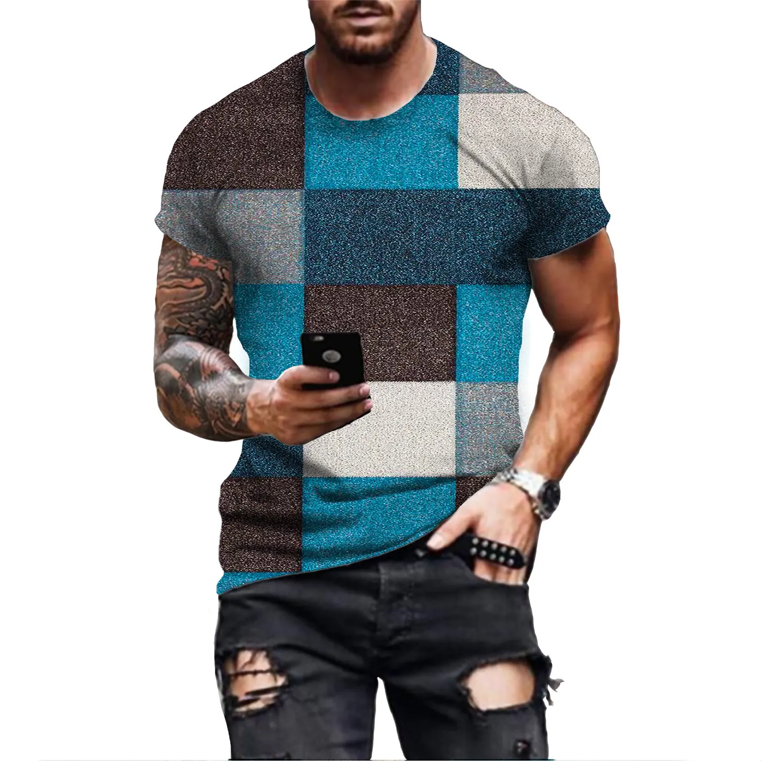 2022 Summer Fashion T-shirt Men\'s 3D Printed T-shirt Breathable Street Style Stitching Print T-shirt Men\'s tee