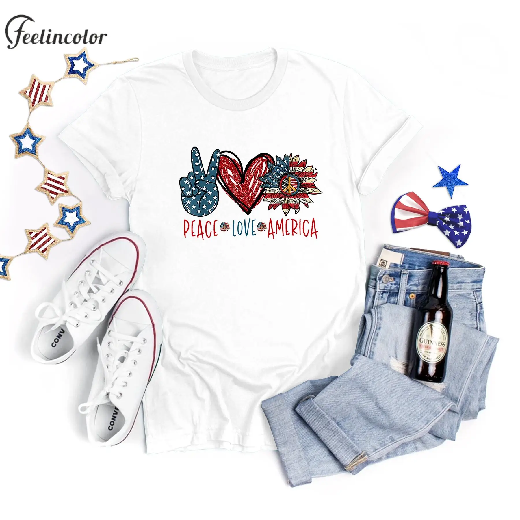 

Women Peace Love America T-shirt God Bless The USA Graphic Tee Shirt Red White and Boozy Top Lady Liberty Fireworks Clothes Gift