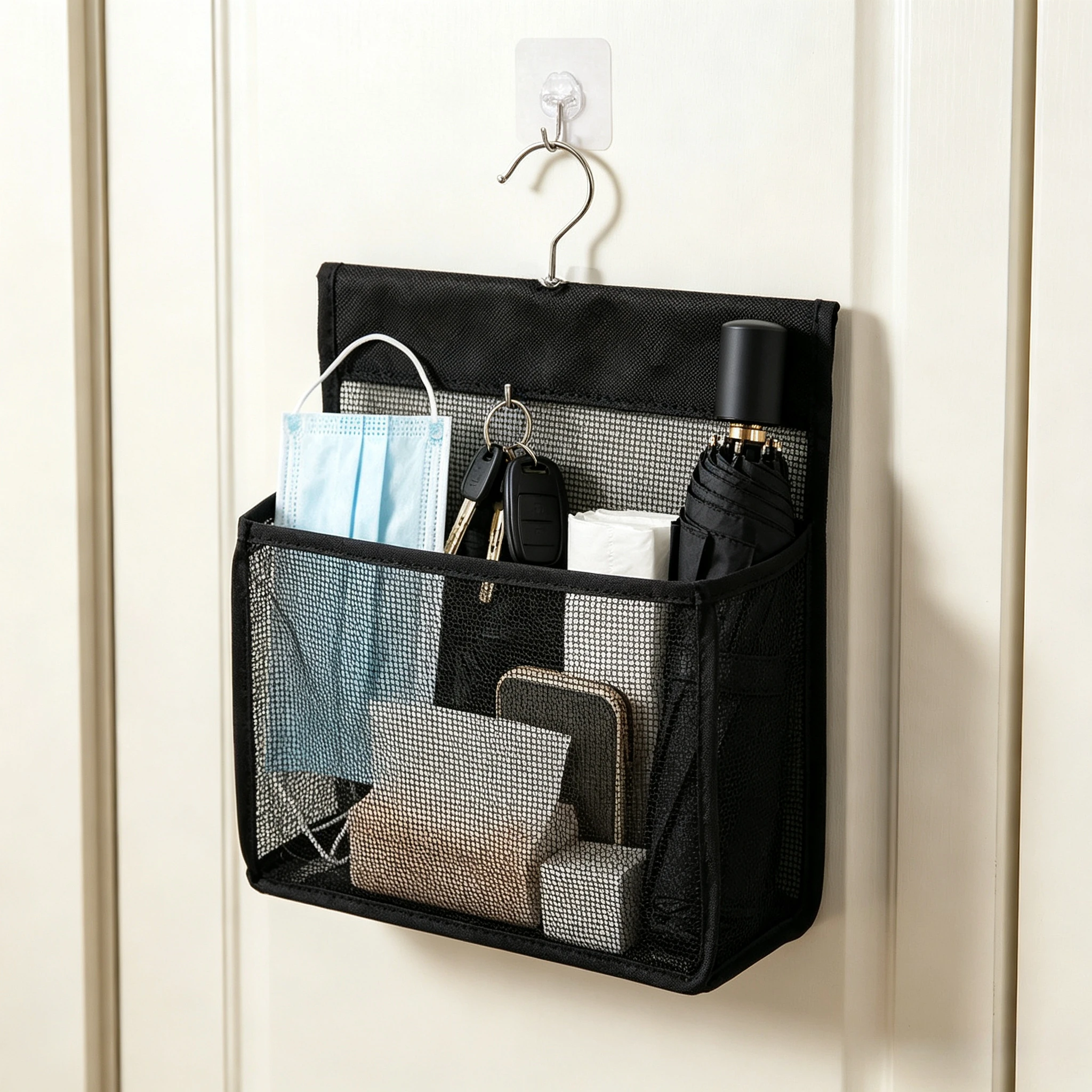 Black Mesh Garment Clip Storage Bag,  Suitable for Bathroom, Closet, and Small Item Classification Hanging Bag, Clothes Pins