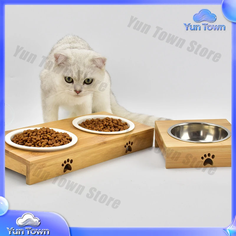 Bamboo Elevated Dog Cat Food and Water Bowls Stand Feeder with 2 Ceramic Bowls Pet Organizer
