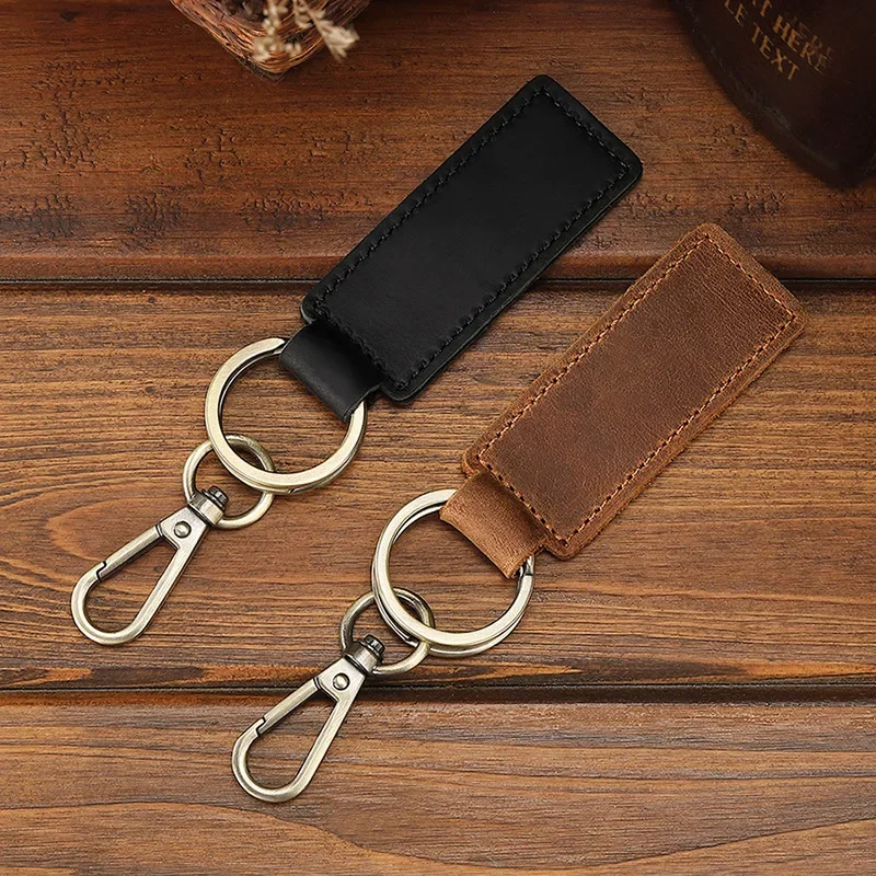 First Layer of Cowhide Key Chains Double Buckle Waist Hanging Car Keychain Accessories Vintage Color Leather Rectangular Keyring