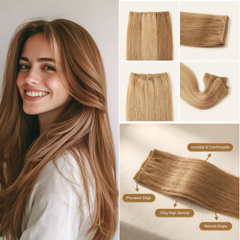 

100% Human Virgin Hair Super Genius Weft 20inch 100g #4 #18 Already Sewn Hair Wig Double Efficiency & Time Saving Wholesale