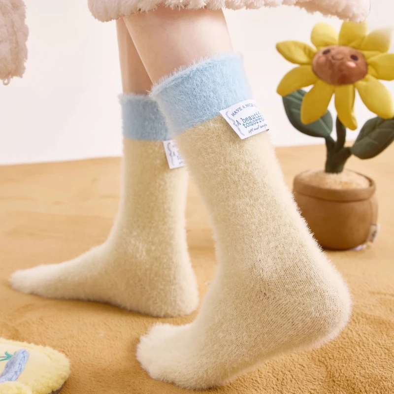 Plush Thickened Socks Women Autumn and Winter Warm Medium Tube Socks Sweet Girl Cloth Label Color Matching Floor Sleeping Socks