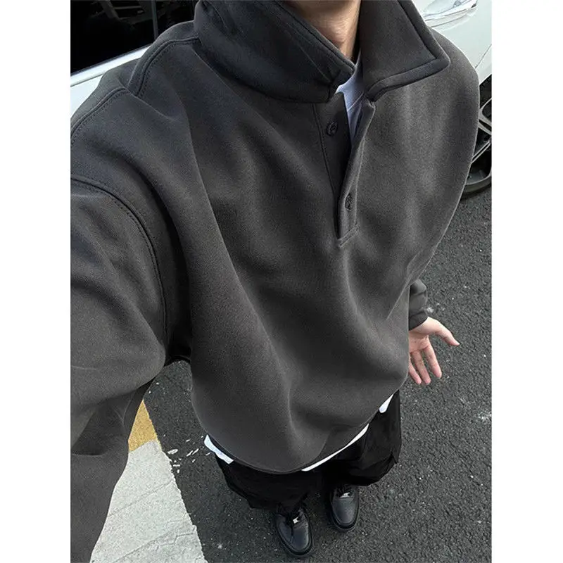 

Extra Large Size 300 Pou Collar Sweatirt Men's Spring Autumn American Retro Base irt Turn Collar Top irt