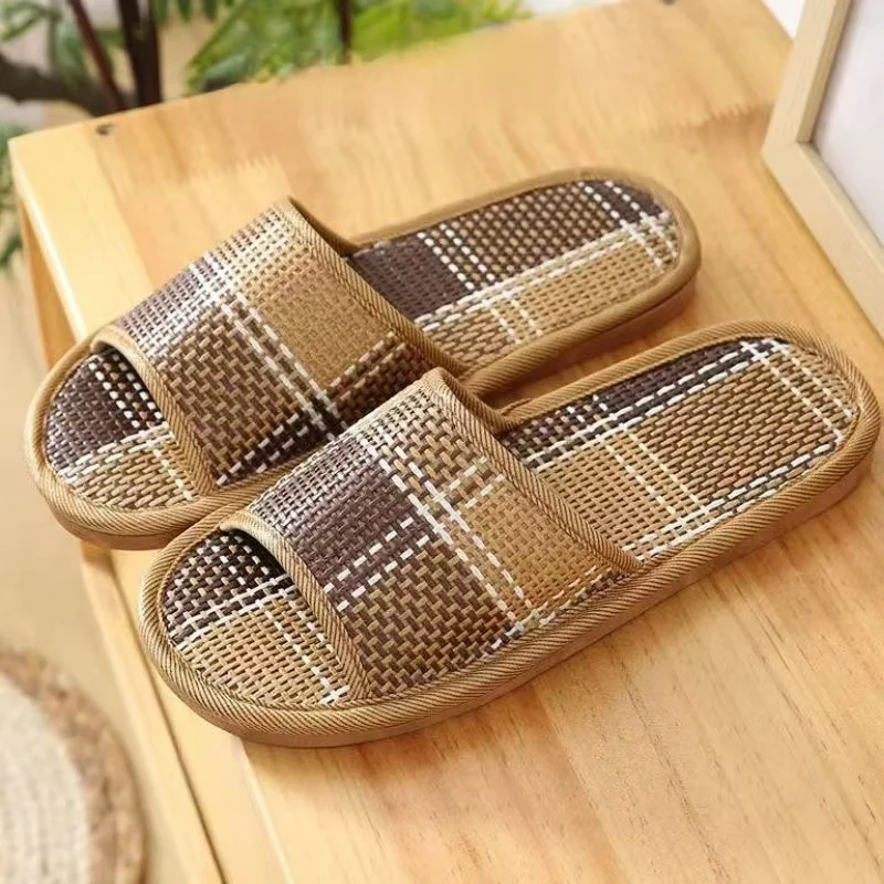 

Man's Summer New Bamboo Woven One Word Slippers Unisex Soft Sole Non Slip Breathable Rattan Slippers Anti Odor Home Slippers