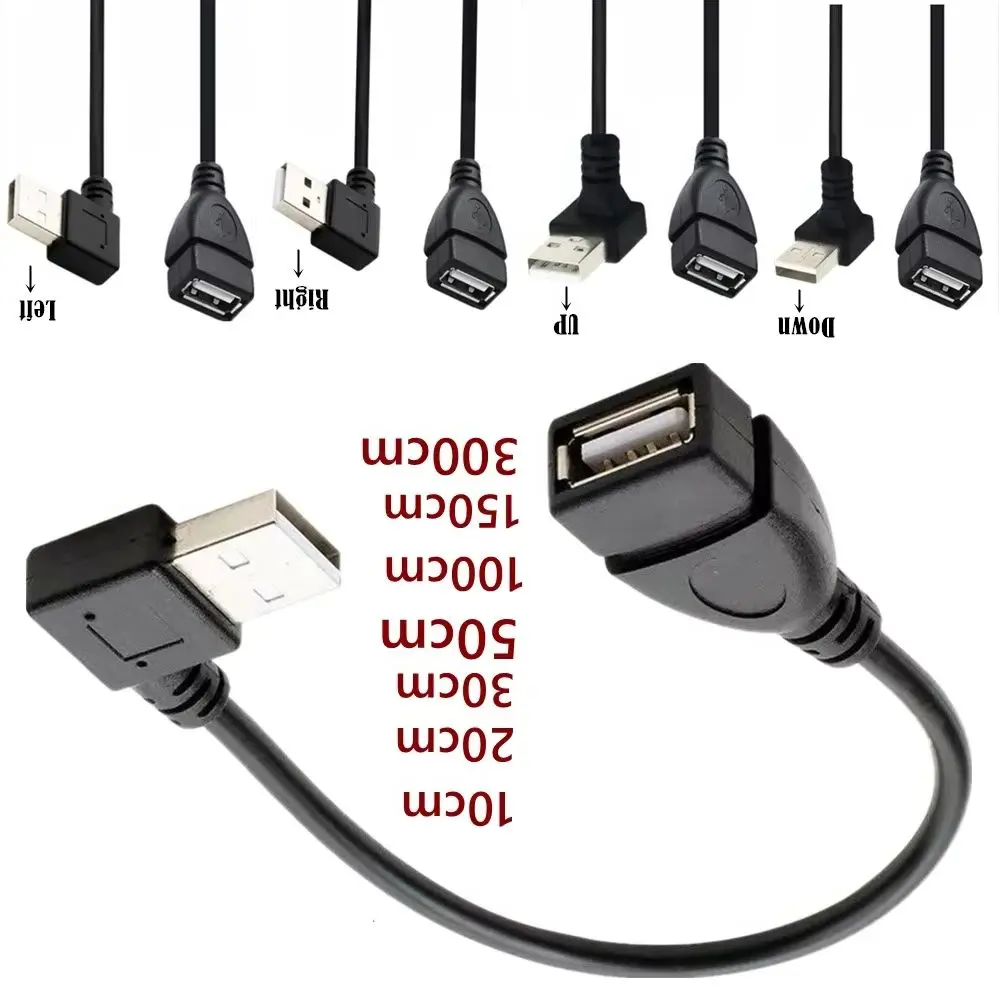 

25CM/50CM/100CM USB 2.0 A Male To Female 90 Angled Extension Adaptor Cable USB2.0 Male To Female Right/Left/Down/Up Black Cable