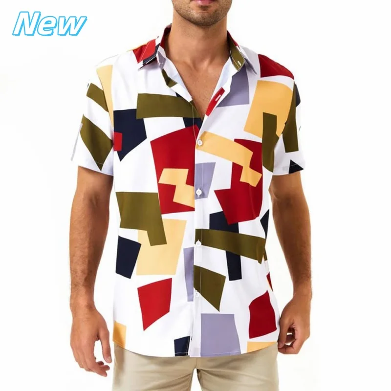 

3D Printed Geometric Splicing Aloha Shirt For Men Fun Colorful Graphic Blouses Casual Short Sleeve Hawalian Shirts Loose Tops