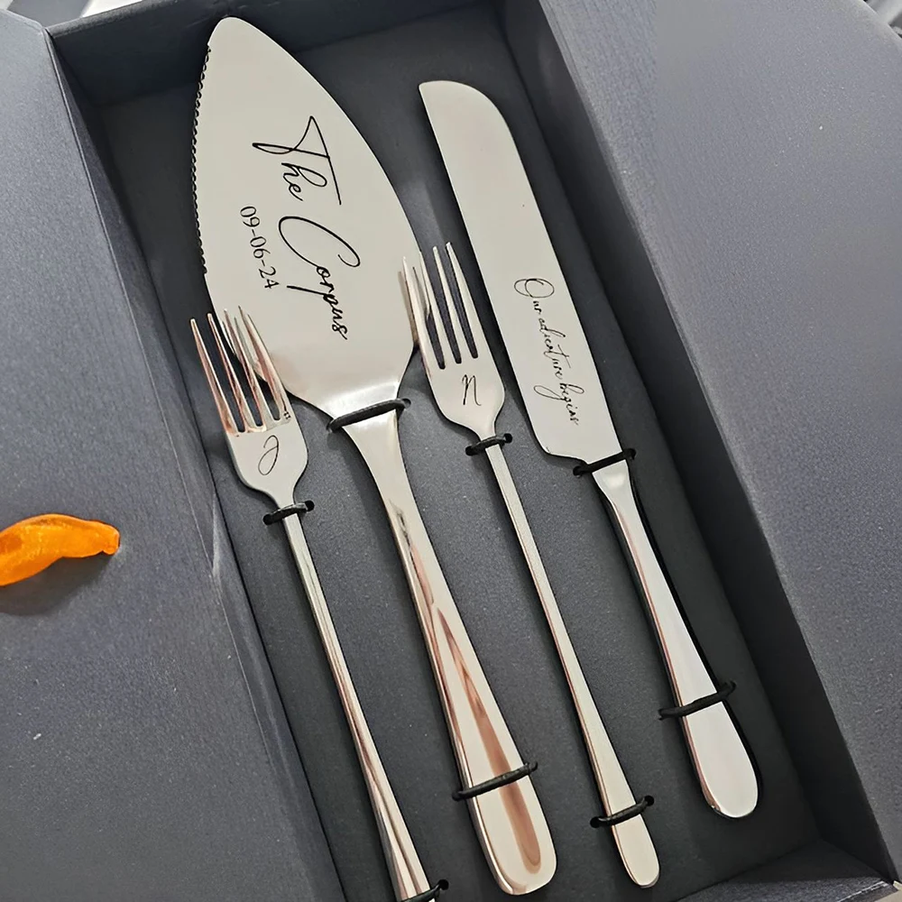 Personalized Wedding Cake and Knife Server Set With Forks Wedding Cake Decorattion Custom Monogram Laser Name Multiple Colors