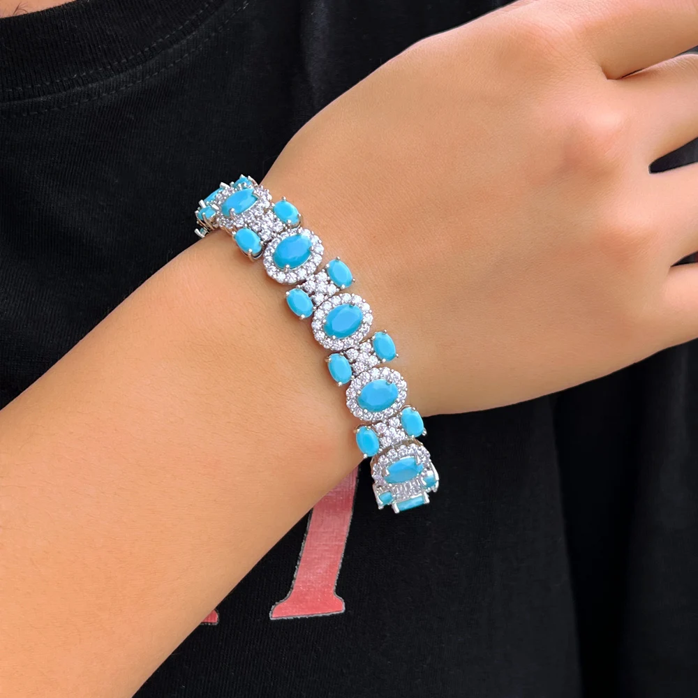 CWWZircons Luxury Chunky Cubic Zirconia and Blue Turquoise Pave Women Daily Party Engagement Wedding Bracelet Jewelry Gift CB352