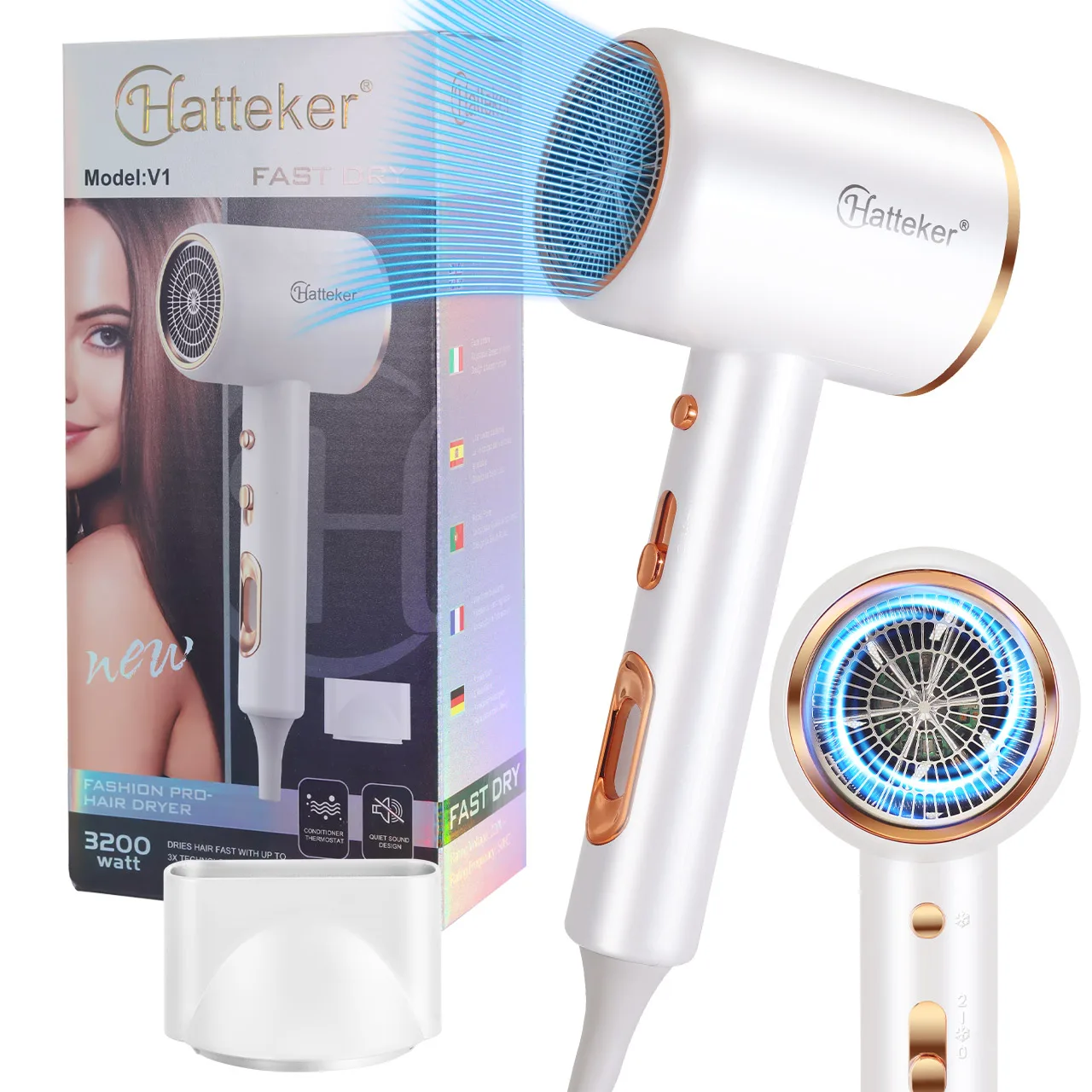 Hatteker 3200W Portable Hair Dryer 3 Temperature Settings Home Use Hotel Salon Professional Electric Blow Dryer for Travel