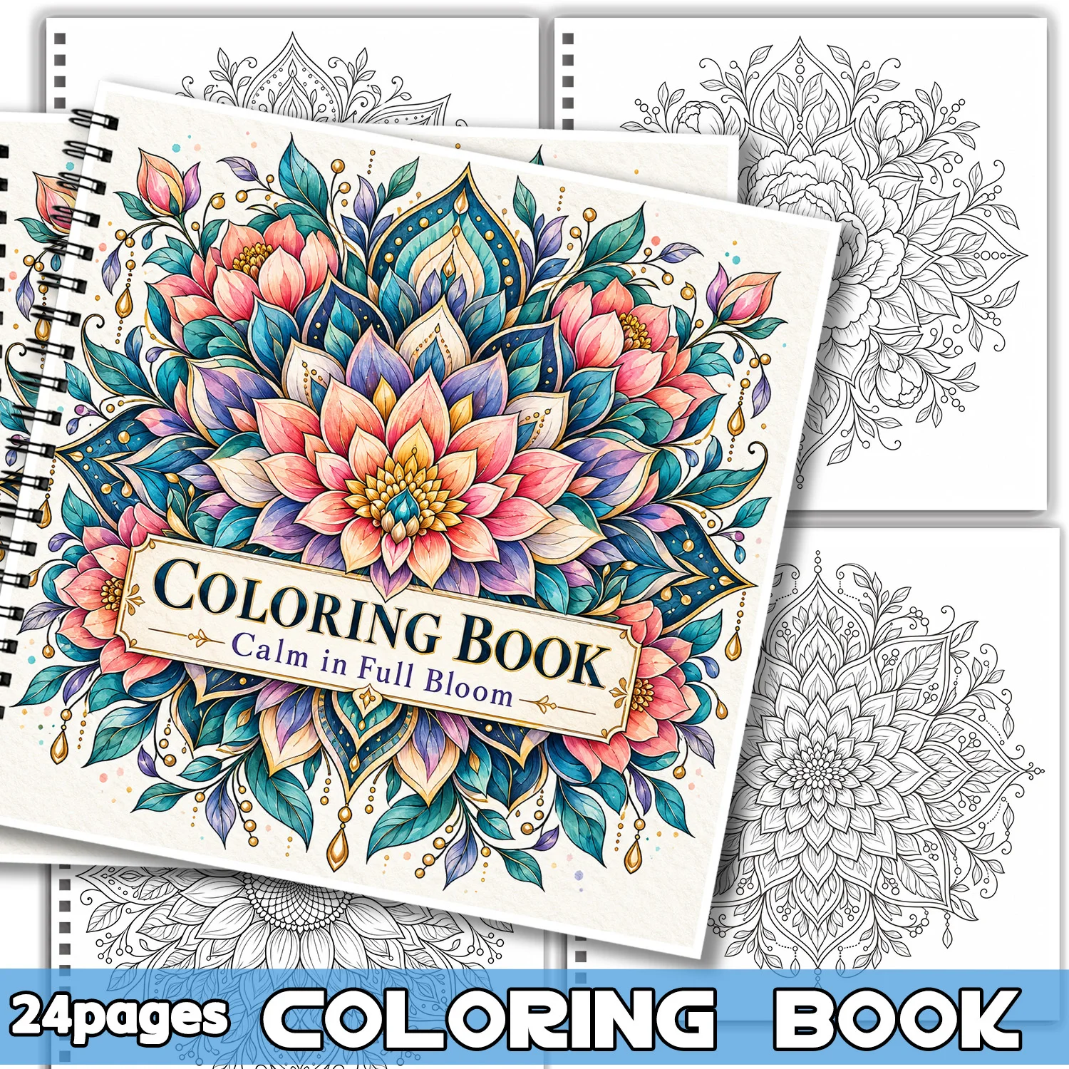 Spiral Binding Coloring Book, Floral Mandala Design for Adults & Teens, Showcasing Creativity, Relieving Stress, Relaxing Mind