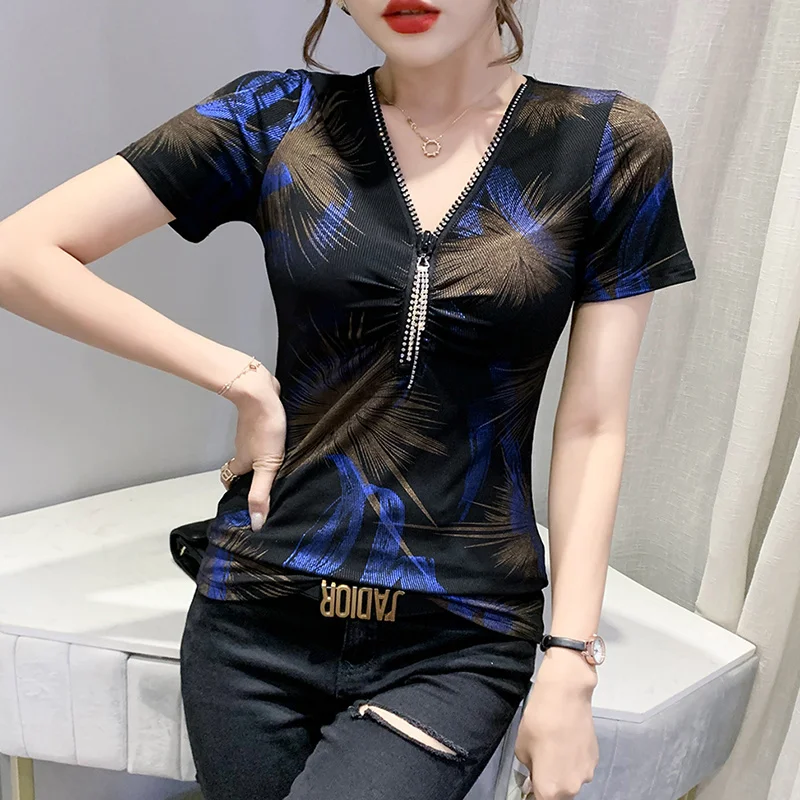 #5237 Summer Top Black T Shirt Tie Dye Print Skinny T-shirt Women V Neck Zipper Sexy Tops Slim Womens T Shirt Short Sleeve Retro