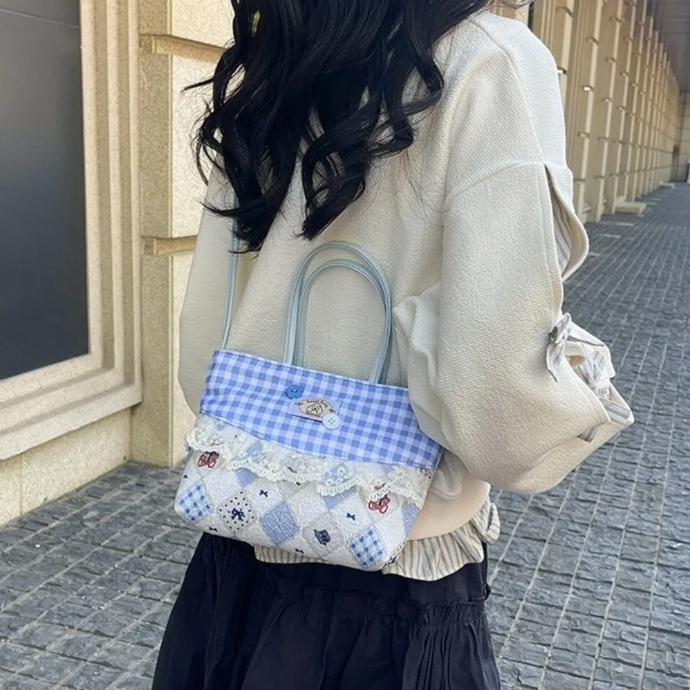 Retro Lace Lattice Handbag Square Denim Bow Handbag Plaid Korean Style Sweet Crossbody Bag Outdoor