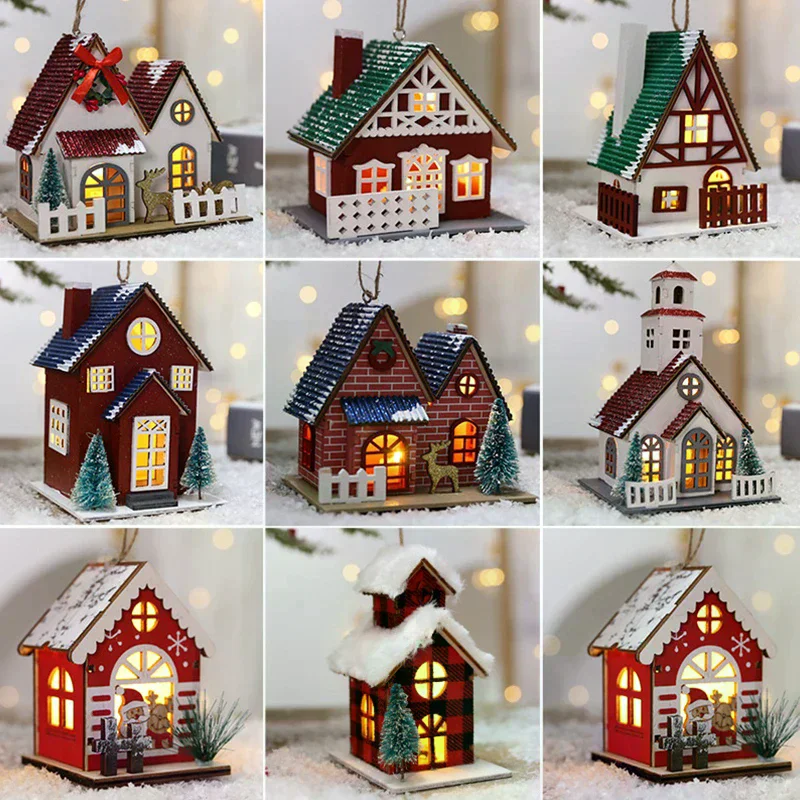 LED Wooden Christmas House Mini Xmas Snow Houses Wooden Winter Village Building Figurines Table Ornaments Holiday Party Decor