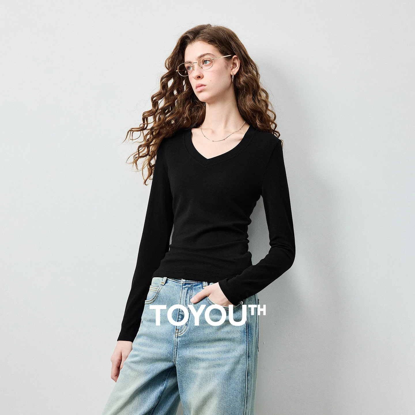Camiseta de Mujer TOYOUTH, Cuello en V, Mezcla de Lana, Corte Ajustado, Otoño 2026, Nueva Llegada, Suave como Mochi, Elegante, Cómoda, para Usar como Capa Base