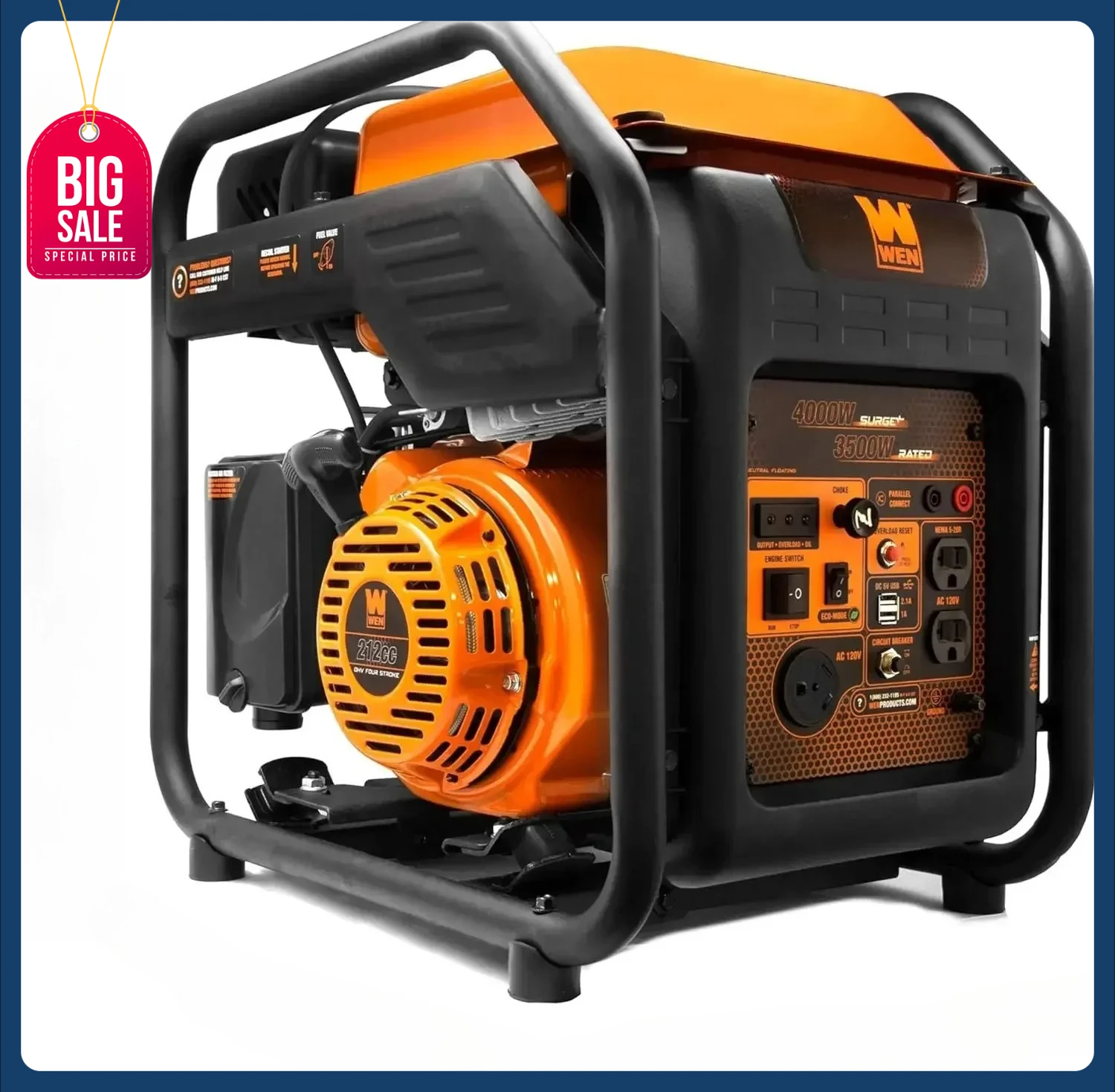 

Высокоэффективный инверторный генератор с открытой рамой GN400i, готовый к автодома, 4000 Вт, совместимый с CARB, черный/оранжевый