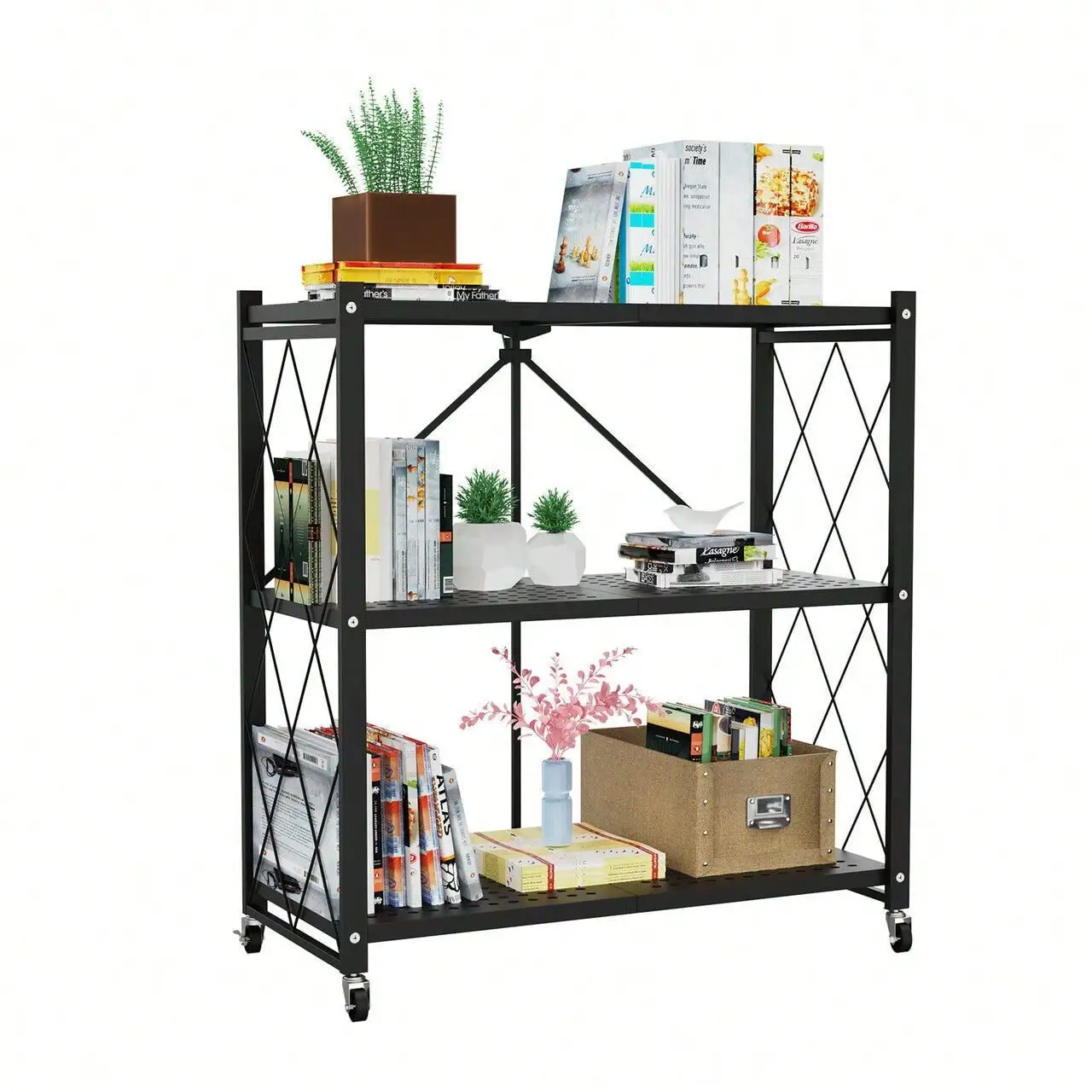 3 Tier Collapsible Storage Rack On Wheels - Metal Collapsible Shelving Unit Display, Book Rolling Cart Kitchen Storage Shelf