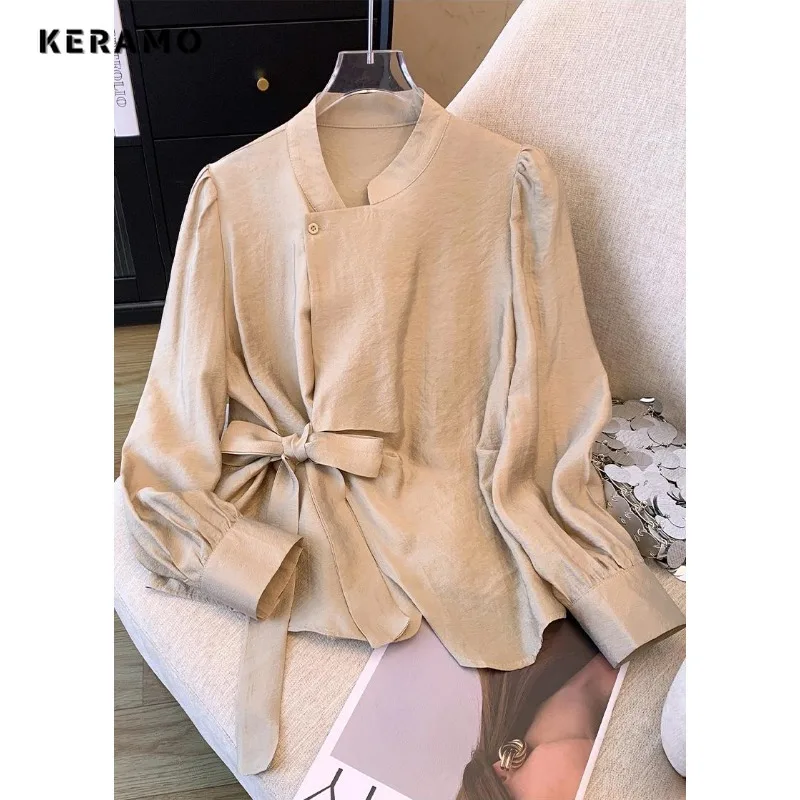 Casual Elegant Long Sleeve Round Neck Solid Color Baggy Shirts 2024 Spring Women Classic Office Lady Vintage Bow Basics Blouse