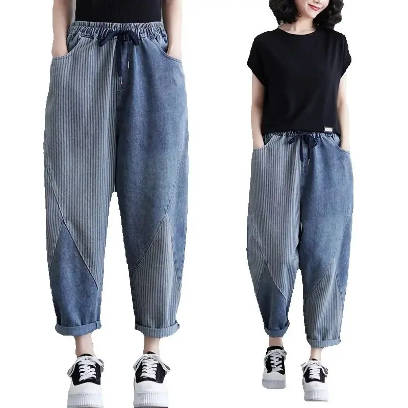 

Женские новые удобные джинсы в полоску в стиле ретро, эластичные свободные джокеры на шнурке, тонкие повседневные повседневные джинсы Harlan с девятью джокерами