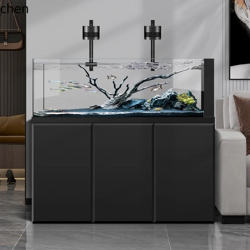 HT Native Stream Aquarium Fish Tank Living Room Household Floor Glass Ecological Aquarium Bottom Filter Ultra White