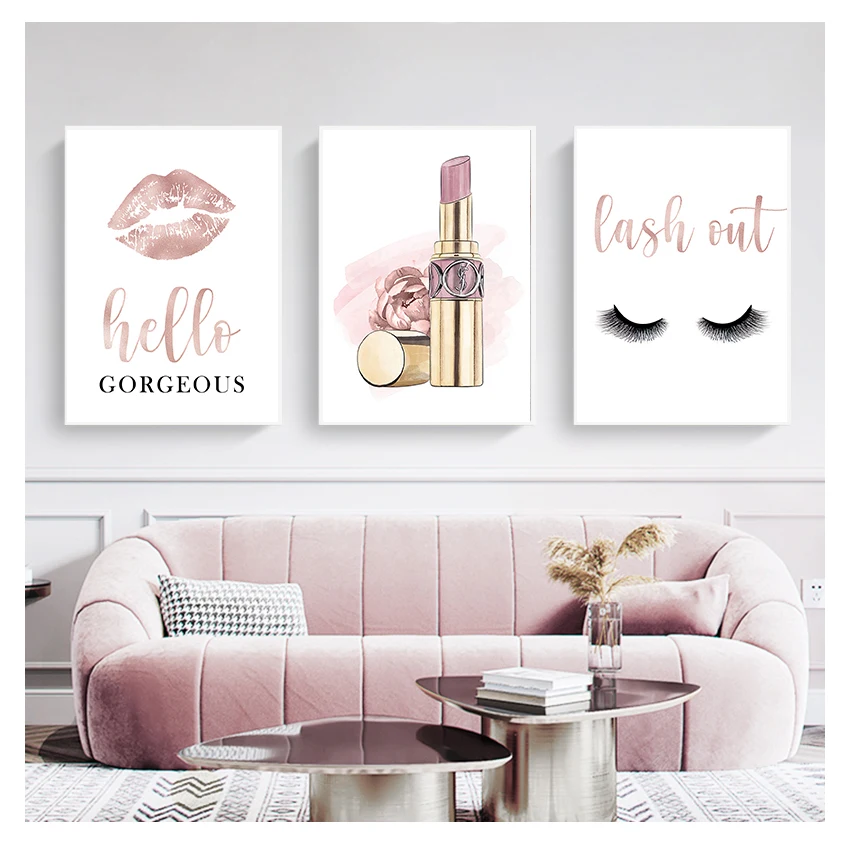 Posters and Prints Hello Gorgeous Sign Rose Gold Canvas Painting Girls Gifts Wall Art Decor Fashion Eyelashes Lipstick Makeup