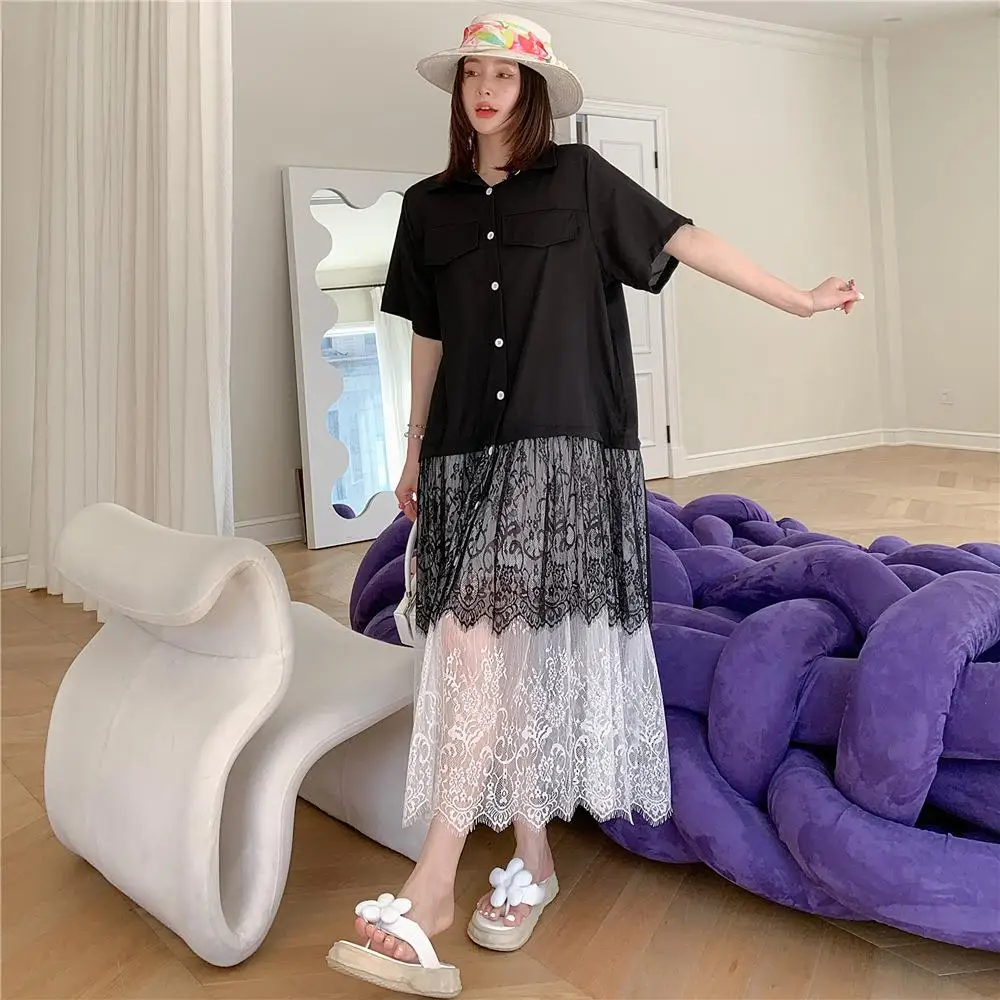 レディース ブラック レース プリーツ プラスサイズ Tシャツワンピース 新作 ラペル ハーフスリーブ ルーズフィット ファッション トレンド 春夏 ロングワンピース