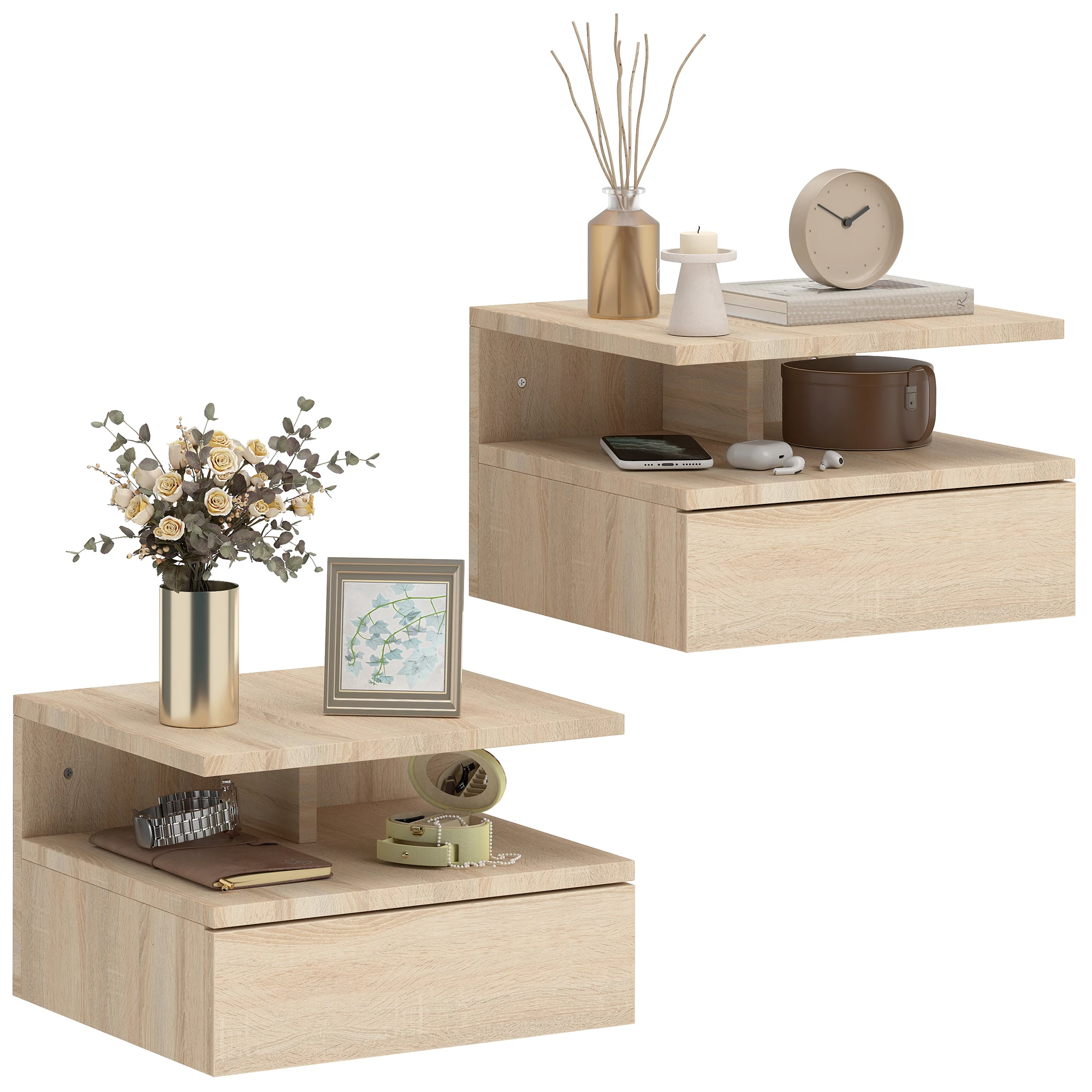 HOMCOM Lot de 2 tables de chevet murales, tables de nuit suspendues avec tiroir coulissant, compartiment ouvert, plateau, style