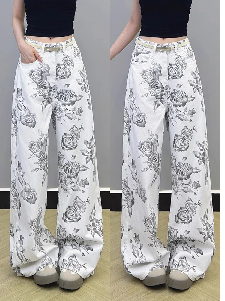 

Rose print high waisted straight leg jeans design sense women in the summer of 2025 New slimming versatile wide leg pants