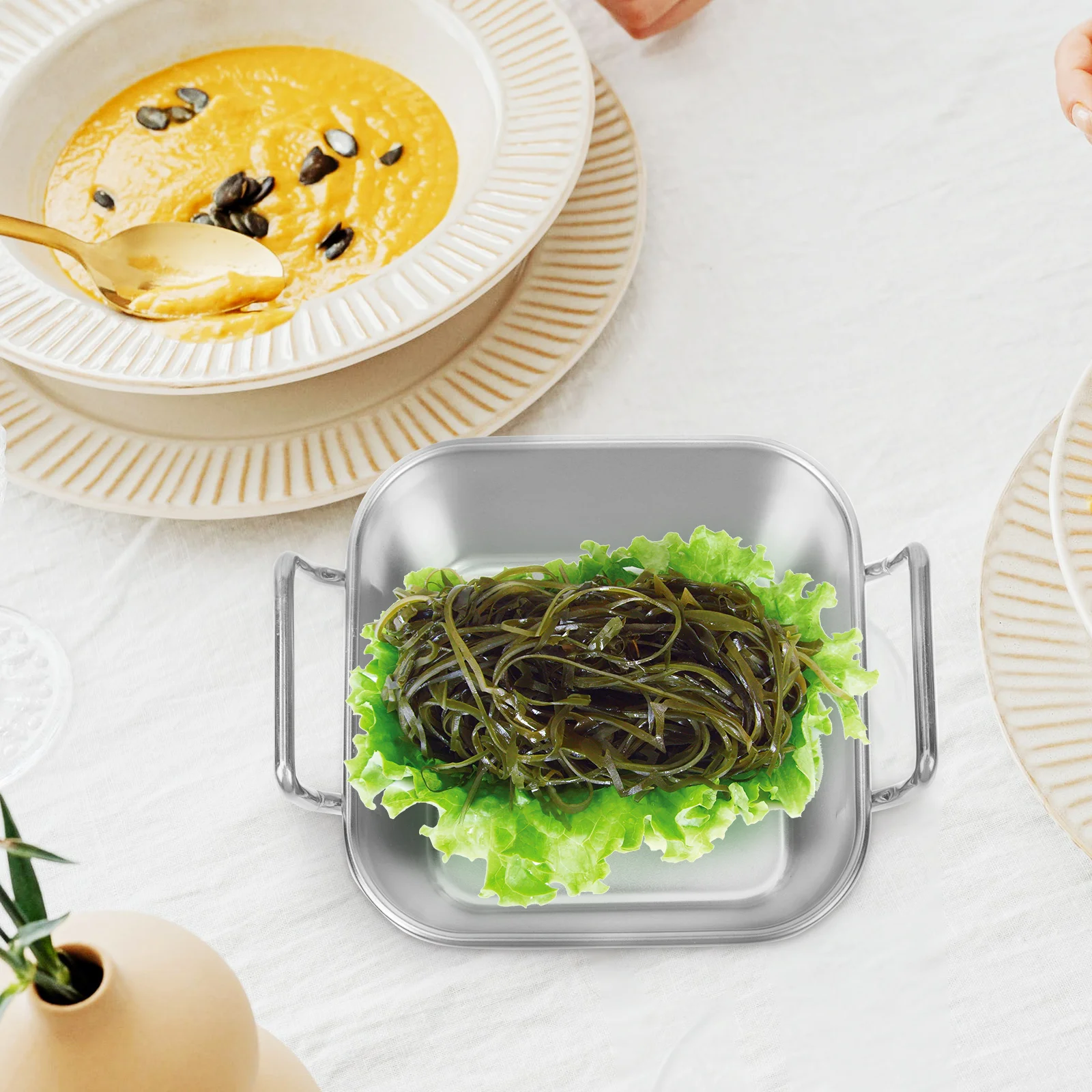 

Snack Basket Stainless Steel Tableware Double Handled Plate Holder Cutlery Fried Chicken Food