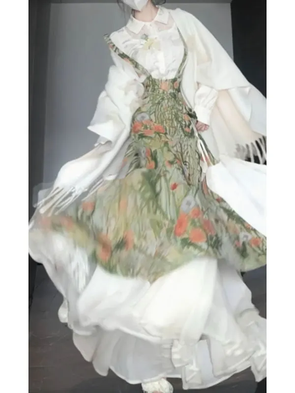 Retro Shirt Waist Cinched Maxi Skirt Two Piece Set Unique Beautiful Spring Collection Women's Fashion Dress Polyester Fiber