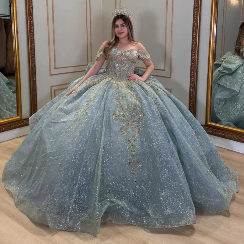 

Blue Shiny Quinceanera Dresses Off Shoulder Ball Gown Sweet 16 Dress Applique Beading Crystal Tull Birthday Party Vestidos 15 De