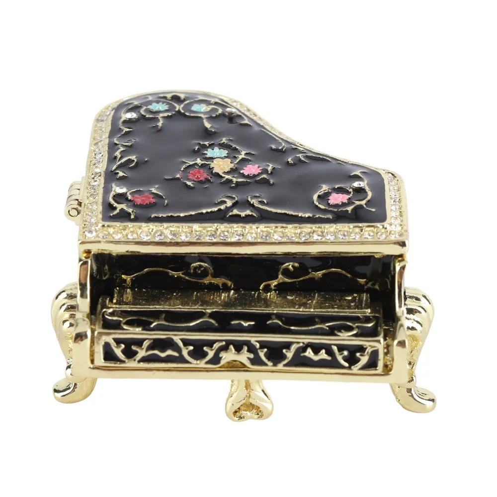 Miniature Size Mini Trinket Box Enamel Painted Finish Piano Shape Design Jewelry Organizer Box Alloy Material Rhinestone Inlay