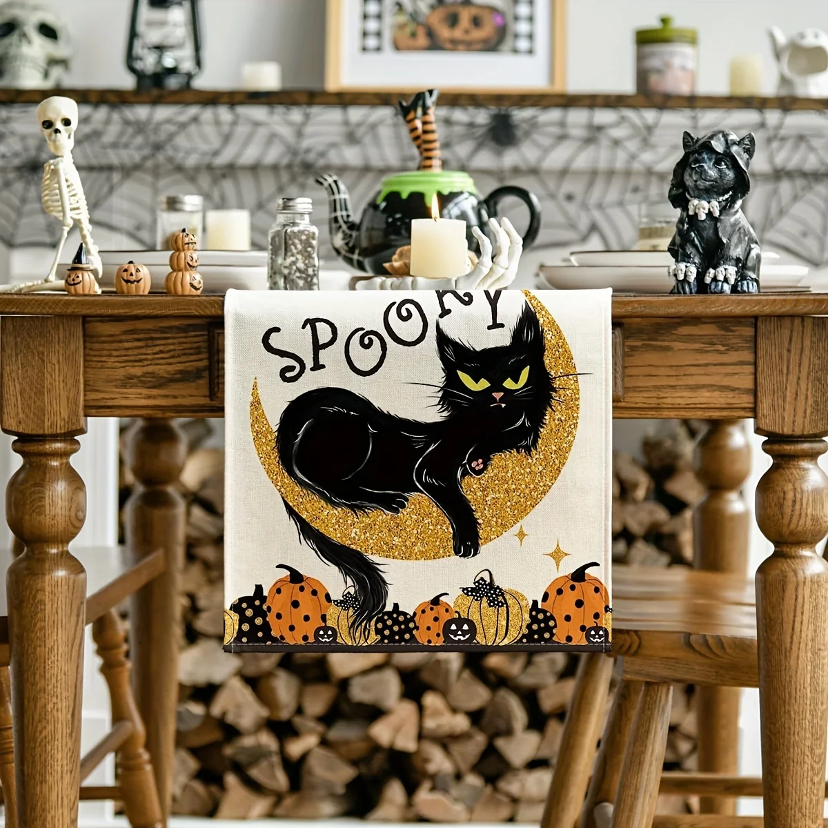 Spooky Halloween Table Runner with Black Cat, Pumpkins Moonlit Kitchen Dining Decor for Home Parties, Seasonal Table Decoration